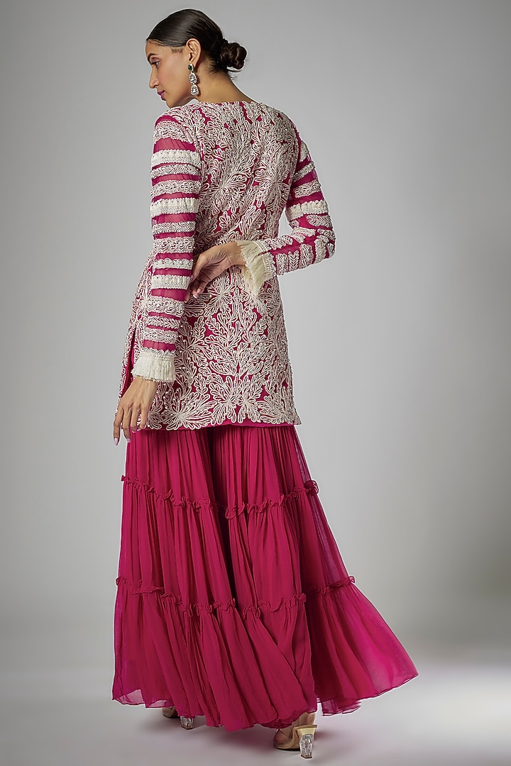 Pink Georgette Frilled Wedding Sharara Set by Kshitij Choudhary at Pernia's Pop Up Shop