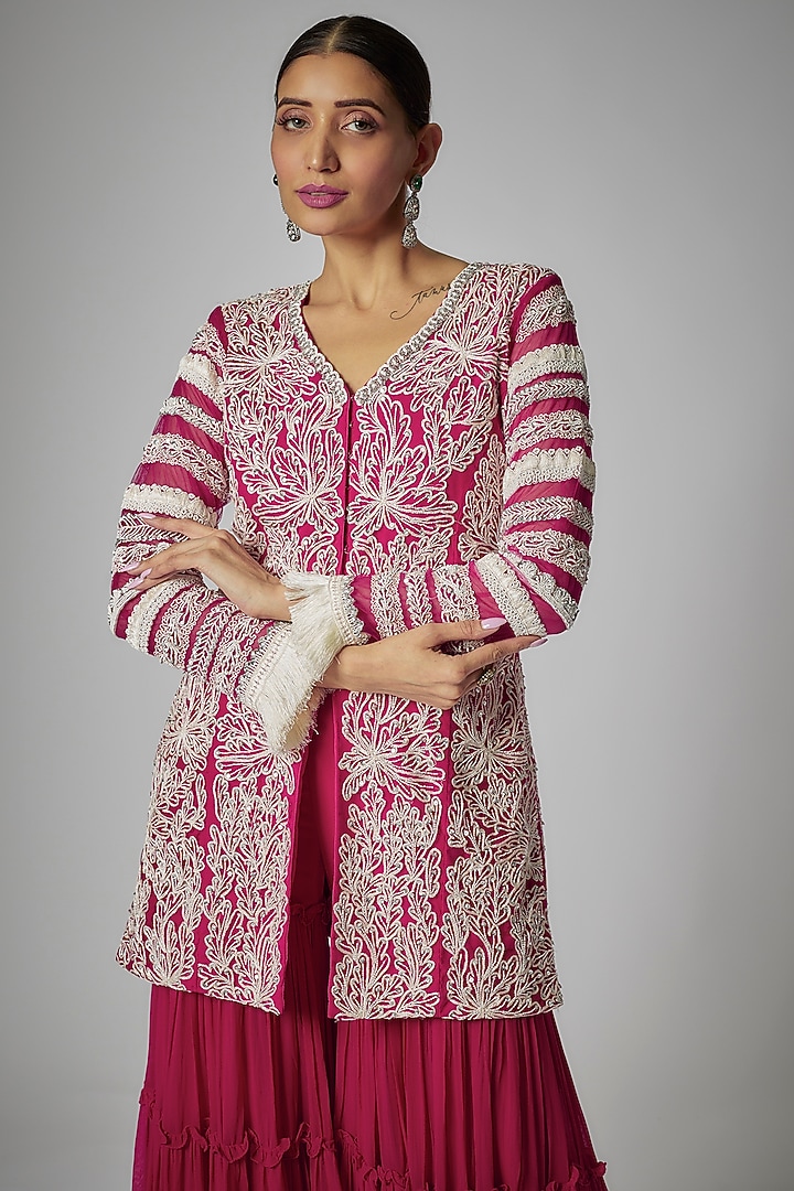 Pink Georgette Frilled Wedding Sharara Set by Kshitij Choudhary at Pernia's Pop Up Shop