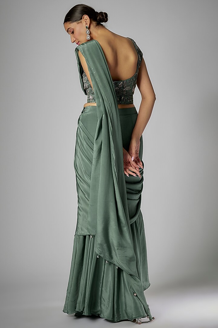Green Crepe Pre-Draped Wedding Saree Set by Kshitij Choudhary at Pernia's Pop Up Shop