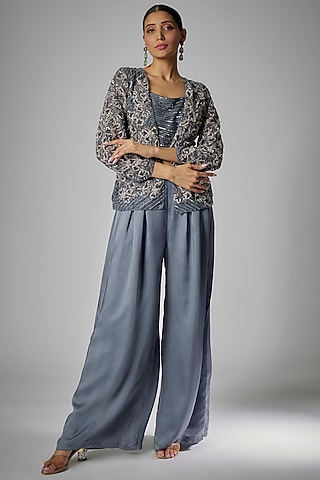 Blue Net & Satin Co-Ord Set by Kshitij Choudhary
