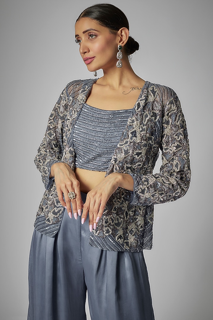 Blue Net & Satin Co-Ord Set by Kshitij Choudhary at Pernia's Pop Up Shop
