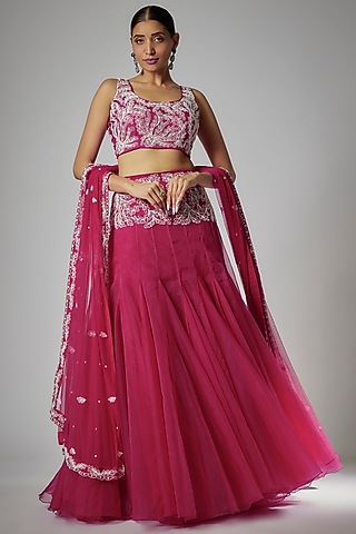 Pink Organza Embroidered Lehenga Set by Kshitij Choudhary