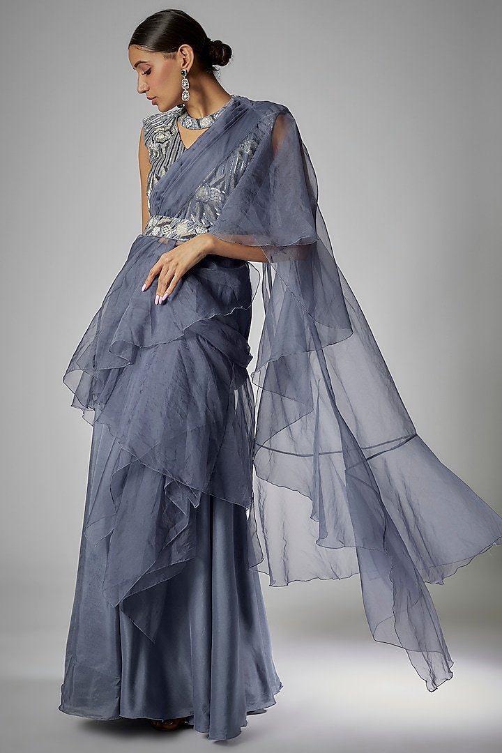 Blue Organza & Silk Pre-Draped Saree Set by Kshitij Choudhary