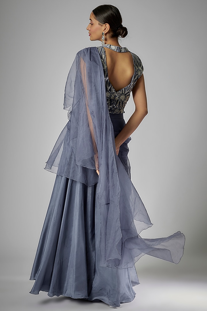 Blue Organza & Silk Pre-Draped Wedding Saree Set by Kshitij Choudhary at Pernia's Pop Up Shop