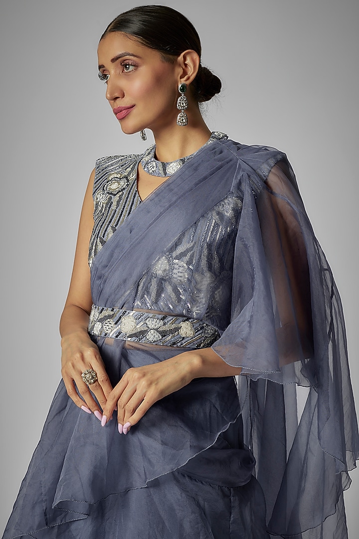 Blue Organza & Silk Pre-Draped Wedding Saree Set by Kshitij Choudhary at Pernia's Pop Up Shop