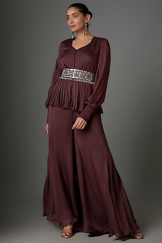 Clove Satin Georgette & Crepe Palazzo Pant Set by Kshitij Choudhary