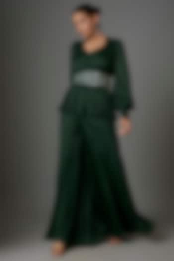 Bottle Green Satin Georgette & Crepe Palazzo Pant Set by Kshitij Choudhary