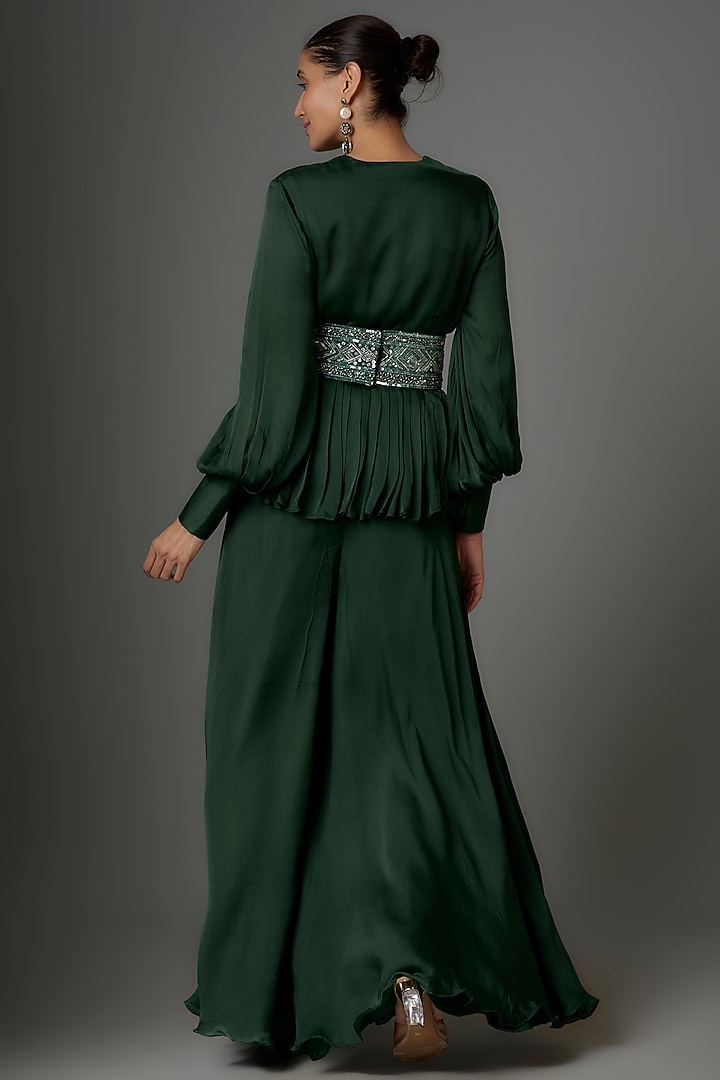 Bottle Green Satin Georgette & Crepe Palazzo Pant Set by Kshitij Choudhary at Pernia's Pop Up Shop