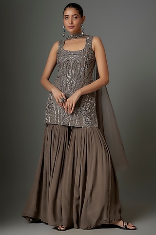 Hazelnut Silk & Crepe Sharara Set by Kshitij Choudhary