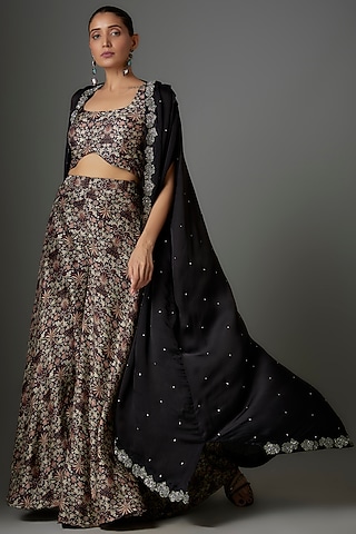 Black Mul Silk & Crepe Resham Embroidered Cape Set by Kshitij Choudhary