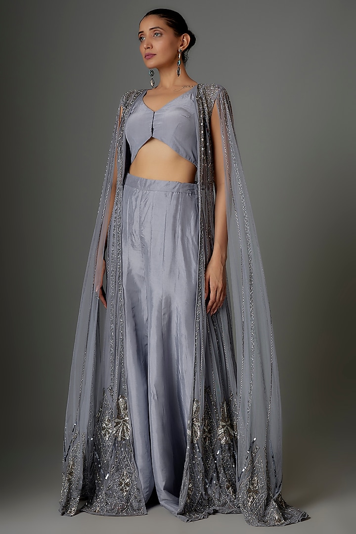 Lavender Grey Silk & Net Sequins Embroidered Cape Set by Kshitij Choudhary