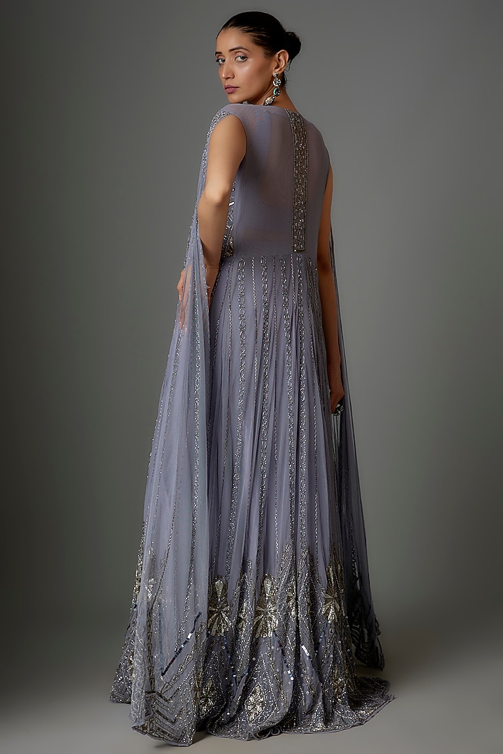 Lavender Grey Silk & Net Sequins Embroidered Cape Set by Kshitij Choudhary at Pernia's Pop Up Shop