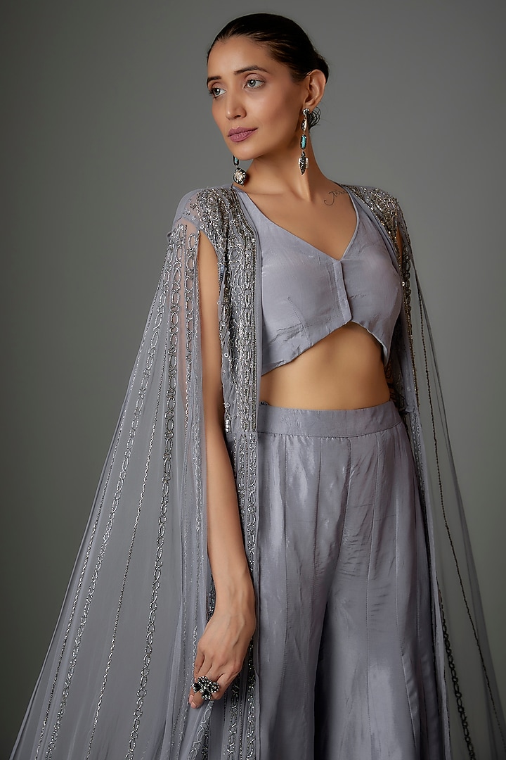 Lavender Grey Silk & Net Sequins Embroidered Cape Set by Kshitij Choudhary at Pernia's Pop Up Shop