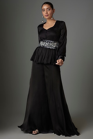 Black Satin Georgette & Crepe Palazzo Pant Set by Kshitij Choudhary