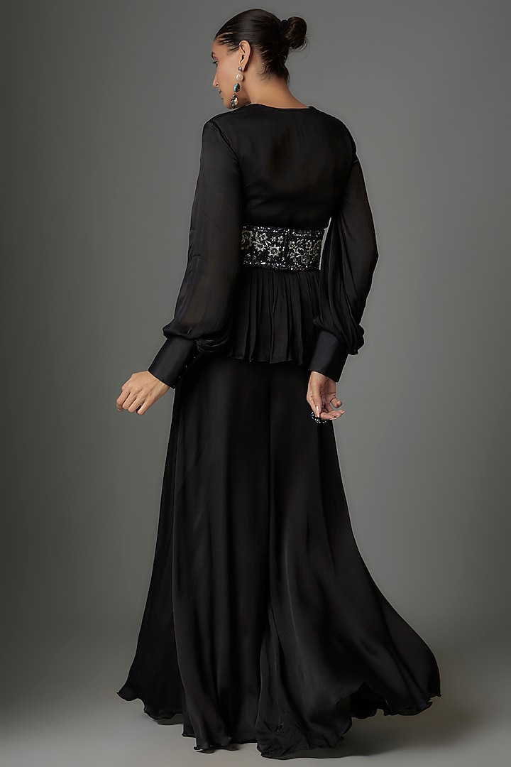 Black Satin Georgette & Crepe Palazzo Pant Set by Kshitij Choudhary at Pernia's Pop Up Shop