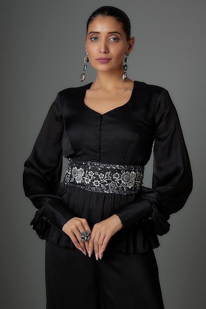 Black Satin Georgette & Crepe Palazzo Pant Set by Kshitij Choudhary at Pernia's Pop Up Shop