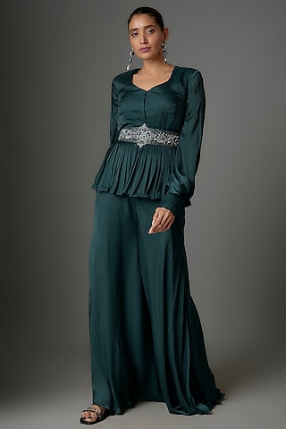 Teal Satin Georgette & Crepe Palazzo Pant Set by Kshitij Choudhary