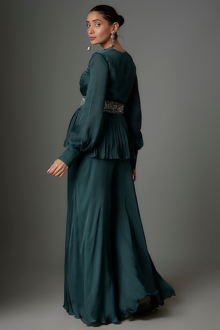Teal Satin Georgette & Crepe Palazzo Pant Set by Kshitij Choudhary at Pernia's Pop Up Shop