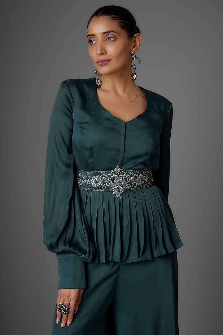 Teal Satin Georgette & Crepe Palazzo Pant Set by Kshitij Choudhary at Pernia's Pop Up Shop