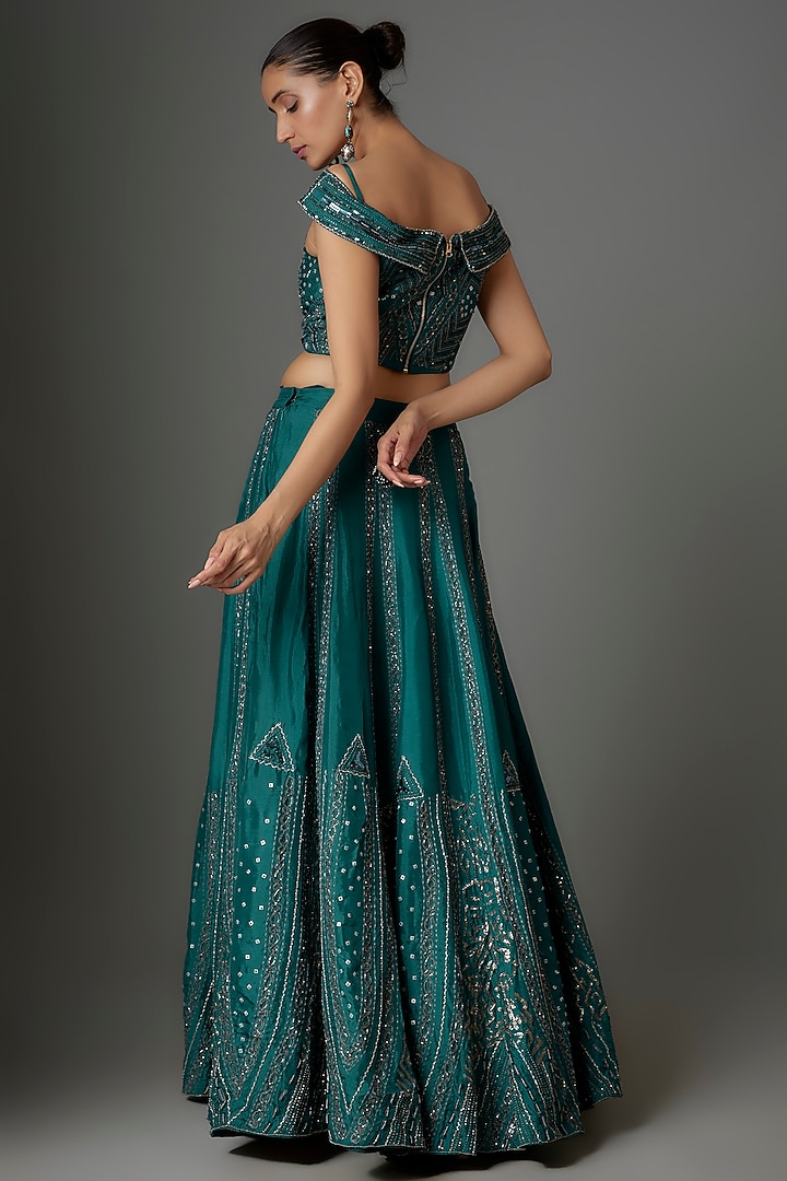 Peacock Blue Silk Sequins & Cutdana Embroidered Wedding Lehenga Set by Kshitij Choudhary at Pernia's Pop Up Shop