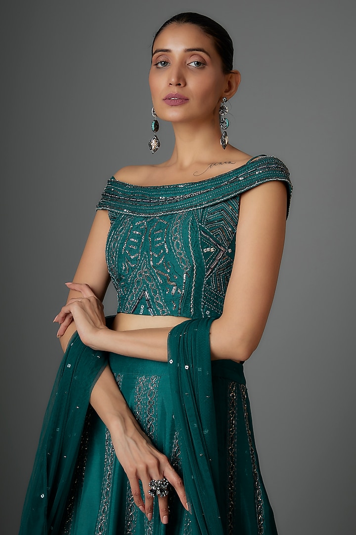 Peacock Blue Silk Sequins & Cutdana Embroidered Wedding Lehenga Set by Kshitij Choudhary at Pernia's Pop Up Shop