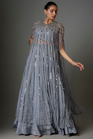 Lavender Grey Silk & Net Sequins Embroidered Cape Set by Kshitij Choudhary