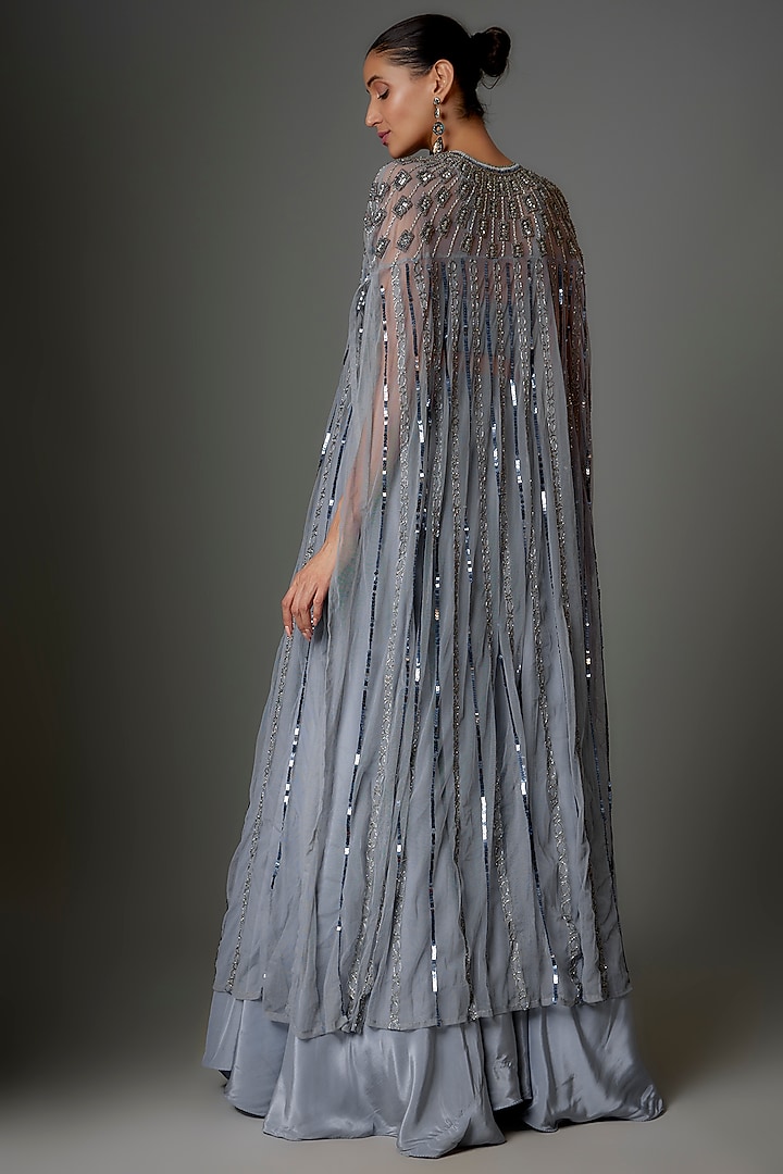 Lavender Grey Silk & Net Sequins Embroidered Cape Set by Kshitij Choudhary at Pernia's Pop Up Shop