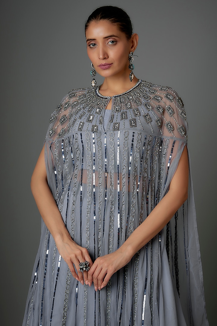 Lavender Grey Silk & Net Sequins Embroidered Cape Set by Kshitij Choudhary at Pernia's Pop Up Shop