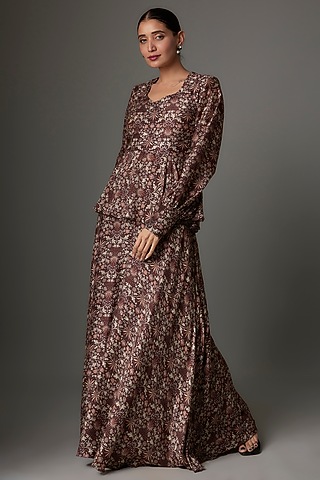 Brown Mul Silk Printed Co-Ord Set by Kshitij Choudhary