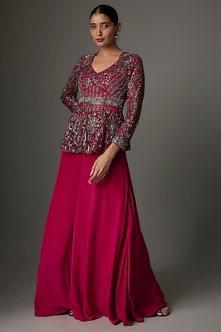 Cherry Red Net & Crepe Pitta Embroidered Co-Ord Set by Kshitij Choudhary