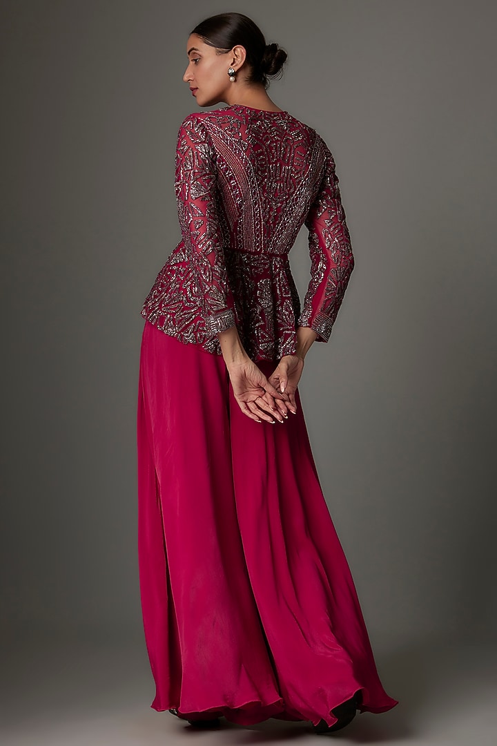 Cherry Red Net & Crepe Pitta Embroidered Co-Ord Set by Kshitij Choudhary at Pernia's Pop Up Shop