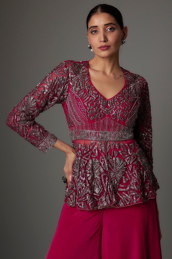 Cherry Red Net & Crepe Pitta Embroidered Co-Ord Set by Kshitij Choudhary at Pernia's Pop Up Shop