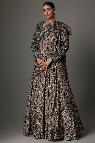 Peacock Green Mul Silk Printed Pre-Draped Saree Set by Kshitij Choudhary