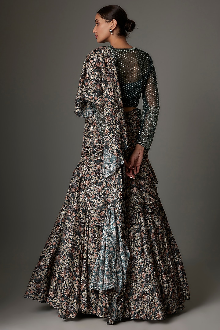Peacock Green Mul Silk Printed Pre-Draped Wedding Saree Set by Kshitij Choudhary at Pernia's Pop Up Shop