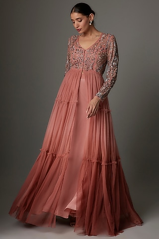 Coral Ombre Net Sequins Embroidered Jacket Set by Kshitij Choudhary
