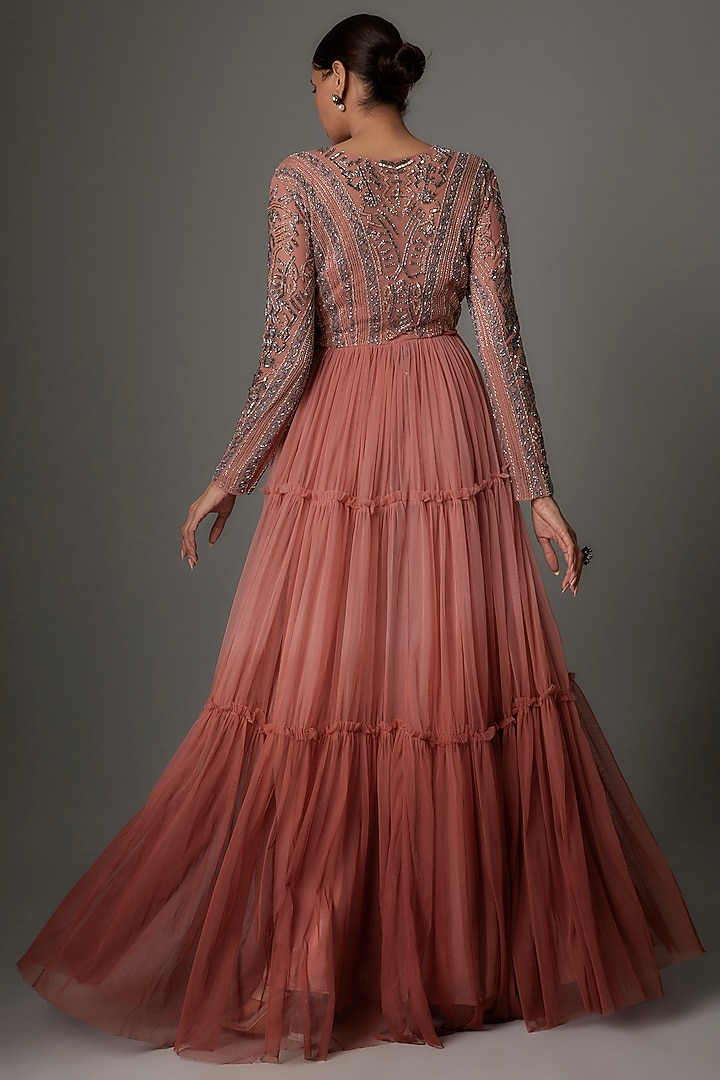 Coral Ombre Net Sequins Embroidered Jacket Set by Kshitij Choudhary at Pernia's Pop Up Shop