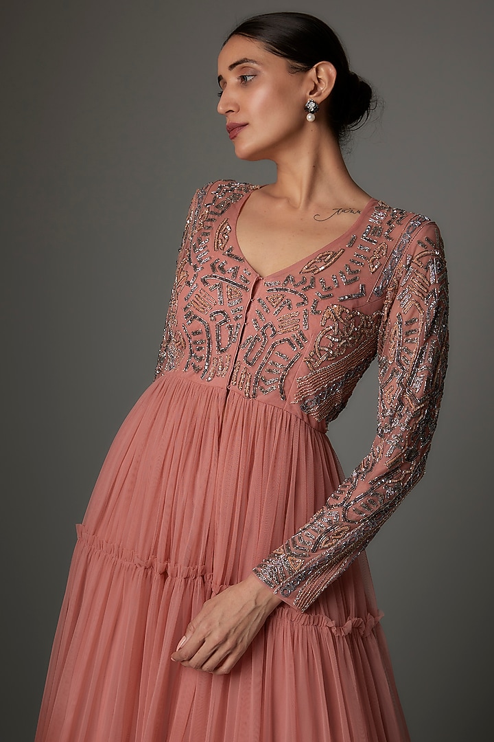 Coral Ombre Net Sequins Embroidered Jacket Set by Kshitij Choudhary at Pernia's Pop Up Shop