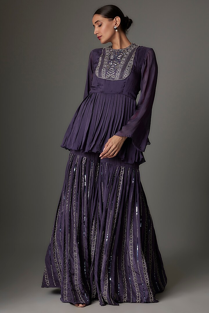Purple Tabby Silk Sequins Embroidered Sharara Set by Kshitij Choudhary