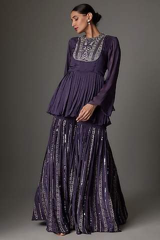 Purple Tabby Silk Sequins Embroidered Sharara Set by Kshitij Choudhary