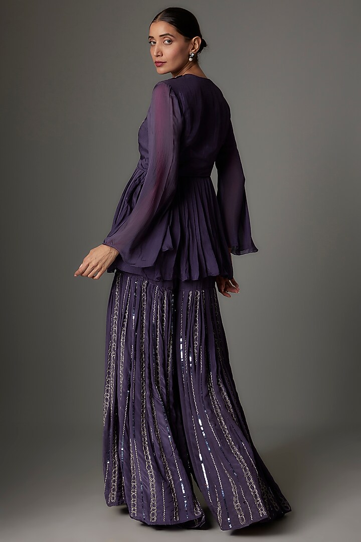 Purple Tabby Silk Sequins Embroidered Wedding Sharara Set by Kshitij Choudhary at Pernia's Pop Up Shop