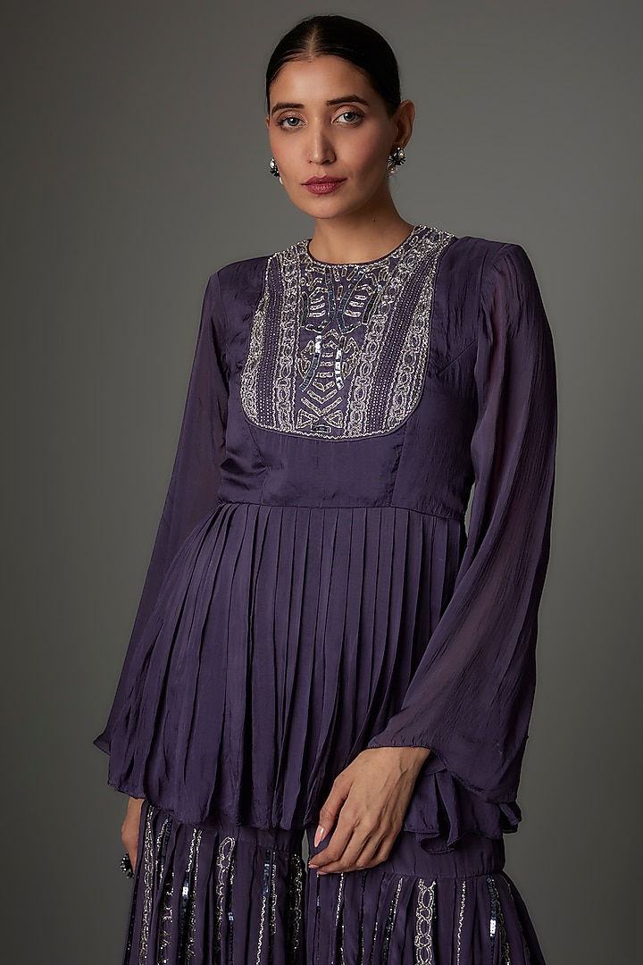 Purple Tabby Silk Sequins Embroidered Wedding Sharara Set by Kshitij Choudhary at Pernia's Pop Up Shop