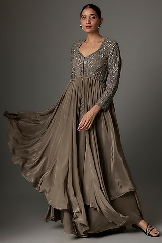 Hazelnut Crepe Sequins Embroidered Jacket Set by Kshitij Choudhary