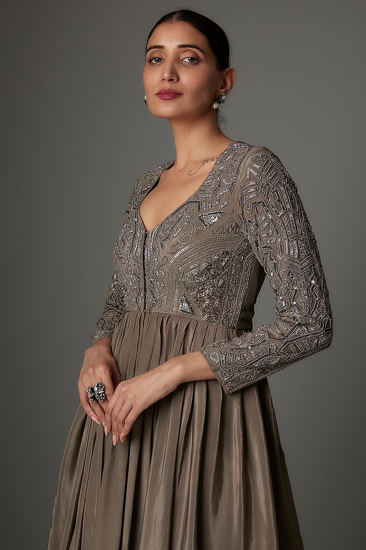 Hazelnut Crepe Sequins Embroidered Jacket Set by Kshitij Choudhary at Pernia's Pop Up Shop