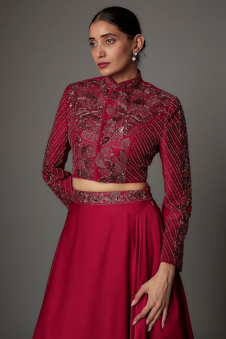 Cherry Red Organza Skirt Set by Kshitij Choudhary at Pernia's Pop Up Shop