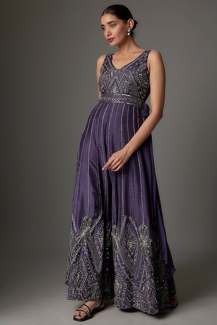 Purple Silk Sequins Embroidered Jumpsuit by Kshitij Choudhary