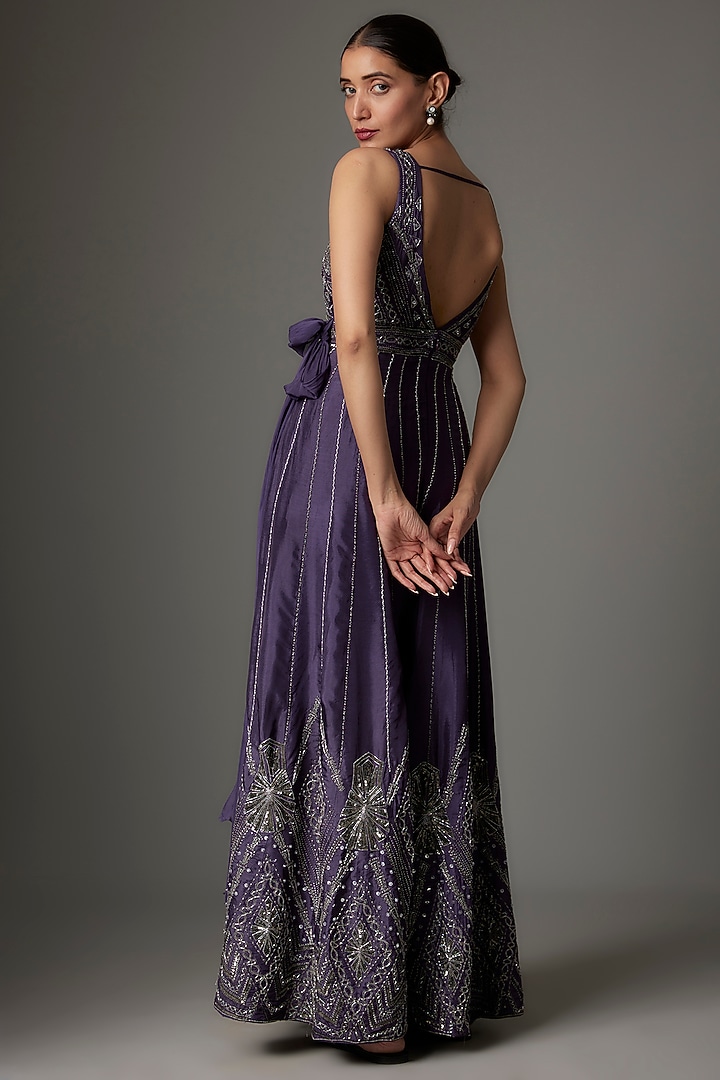Purple Silk Sequins Embroidered Jumpsuit by Kshitij Choudhary at Pernia's Pop Up Shop