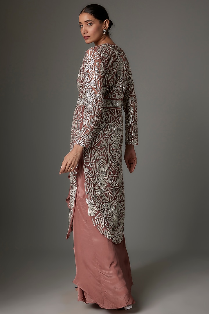 Dark Coral Crepe Pre-Draped Engagement Gown With Jacket by Kshitij Choudhary at Pernia's Pop Up Shop
