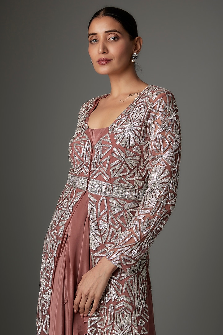 Dark Coral Crepe Pre-Draped Engagement Gown With Jacket by Kshitij Choudhary at Pernia's Pop Up Shop