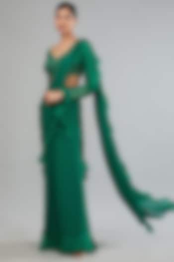 Emerald Green Georgette Draped Ruffled Saree Set by Kapda Dori