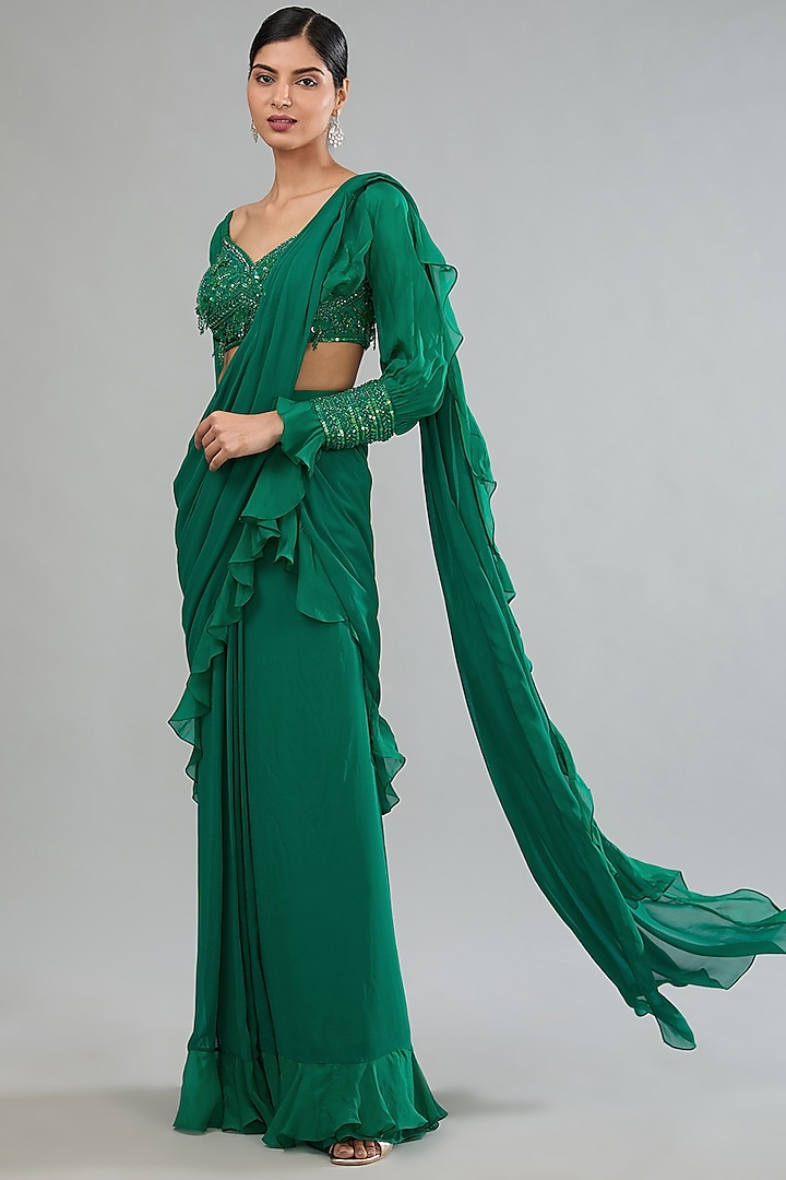 Emerald Green Georgette Draped Ruffled Saree Set by Kapda Dori